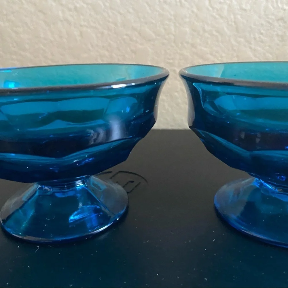3 Viking Glass Bluenique Georgian Thumbprint Footed Blue Glass Dessert MCM Bowls
